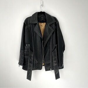 Urban Outfitters Black Faux Leather Jacket with White Stitching